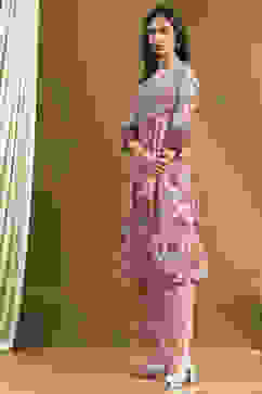 Beige Cotton Floral Printed Gathered A-Line Kurta Set image number 3