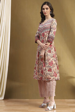 Beige Cotton Floral Printed Gathered A-Line Kurta Set image number 3