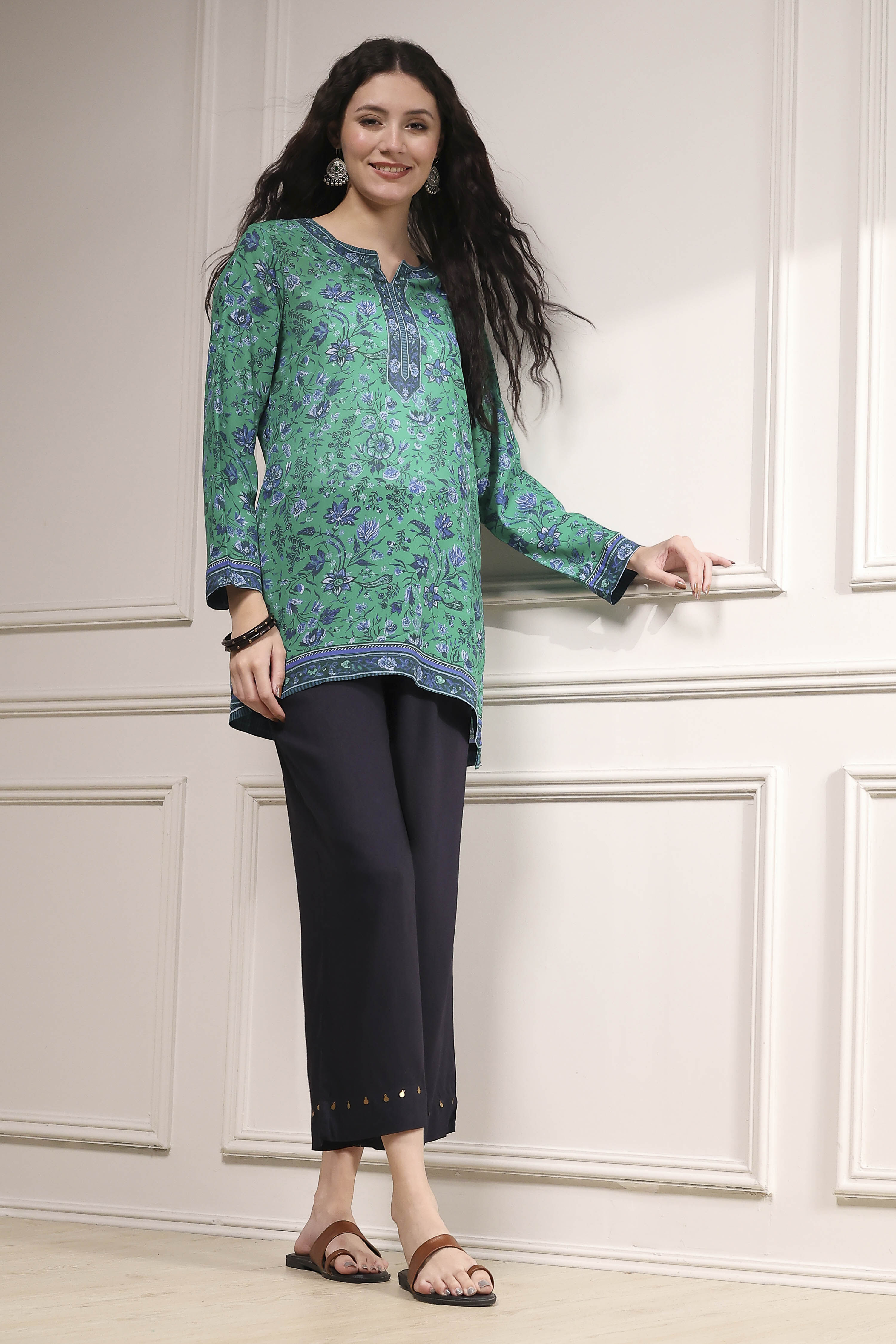 Turquoise Polyester Straight Printed Short Kurta image number 0