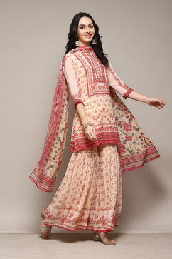 Off White Polyester Straight Printed Kurta Garara Suit Set image number 6