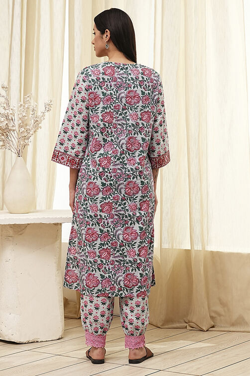 Blue and Pink Cotton Printed Straight Kurta Set image number 4