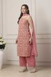 Peach Poly Georgette Floral Thread Work Straight Suit Set image number 3