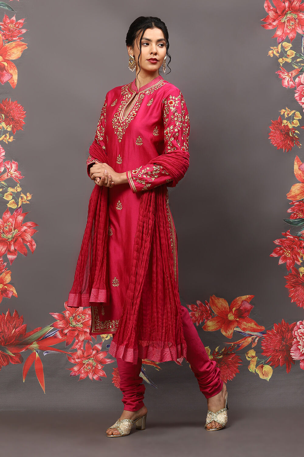 Fuschia Cotton Blend Straight Kurta Suit Set image number 4