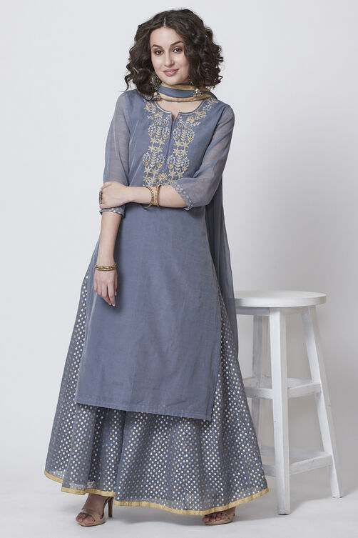Grey Poly Cotton Straight Kurta Sharara Suit Set image number 0