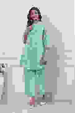 Turquoise Cotton Kalidar Kurta Pants Set image number 6