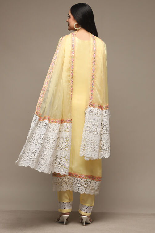 Pastel Yellow Muslin Lace Unstitched Suit Set image number 6