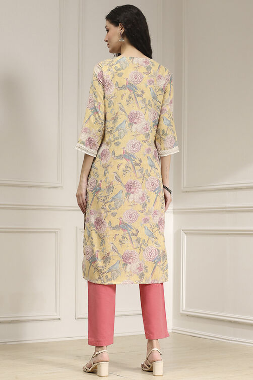 Yellow Cotton Blend Printed Straight Kurta image number 3