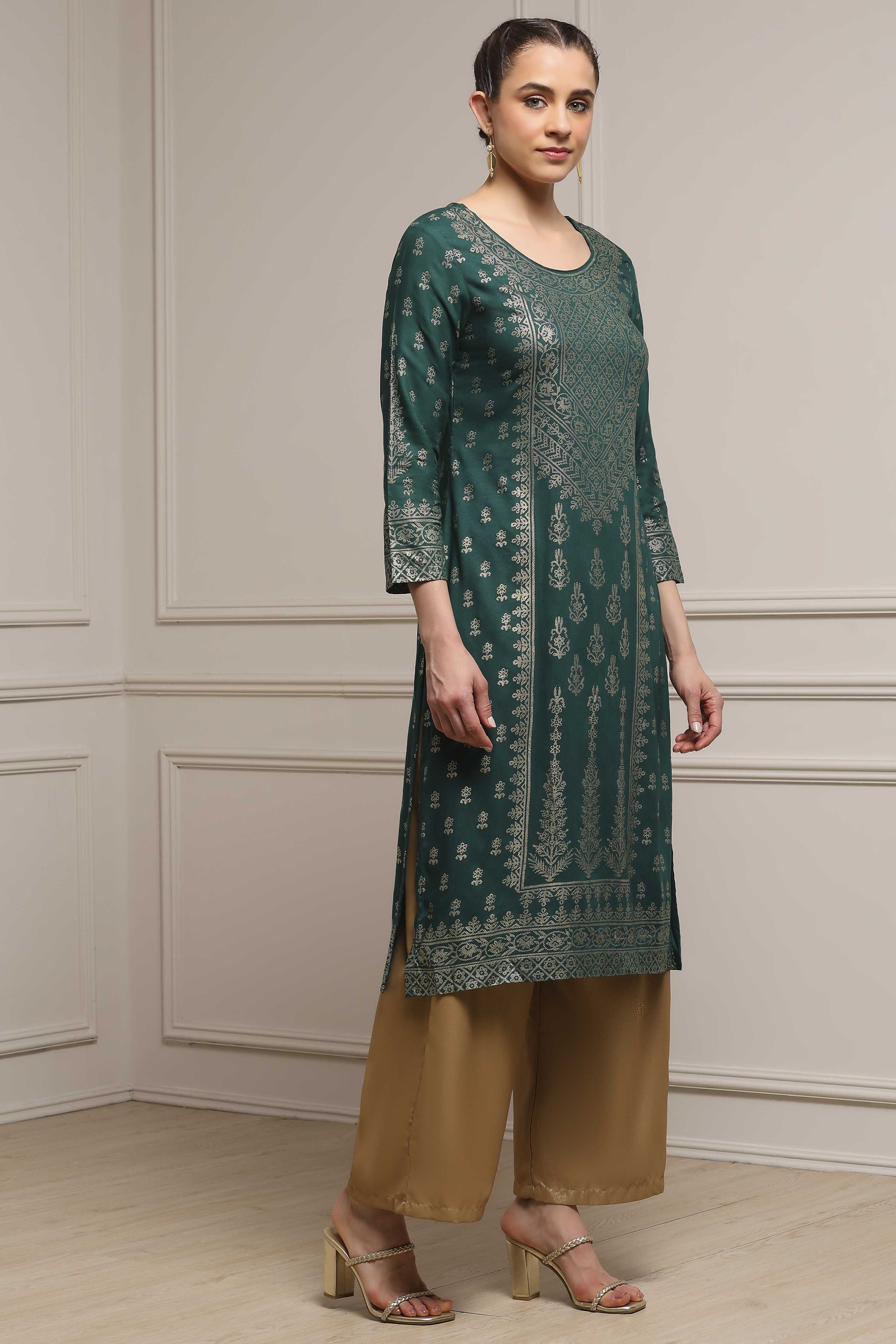Bottle Green LIVA Straight Printed Kurta image number 4