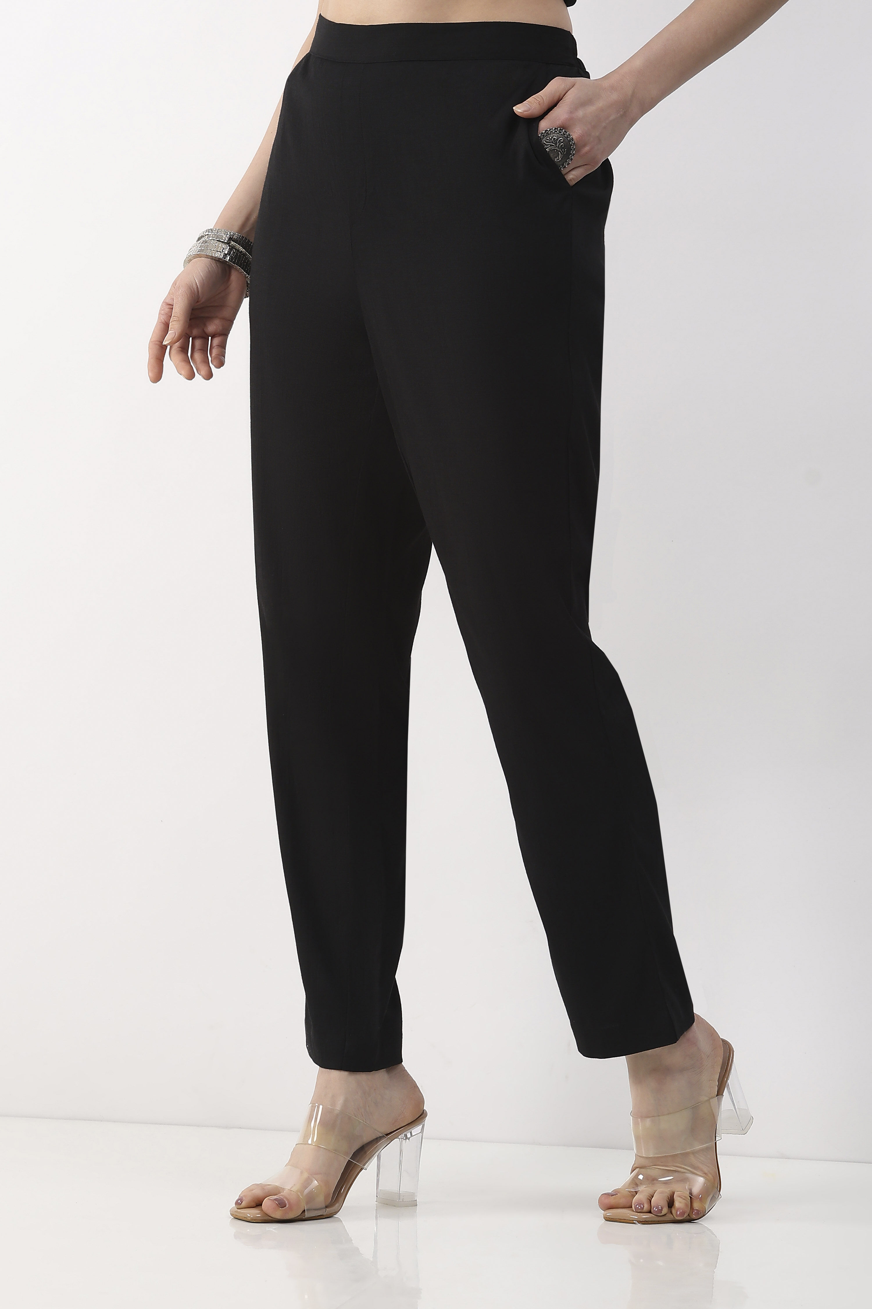 Black Viscose Lycra Regular Pants image number 2