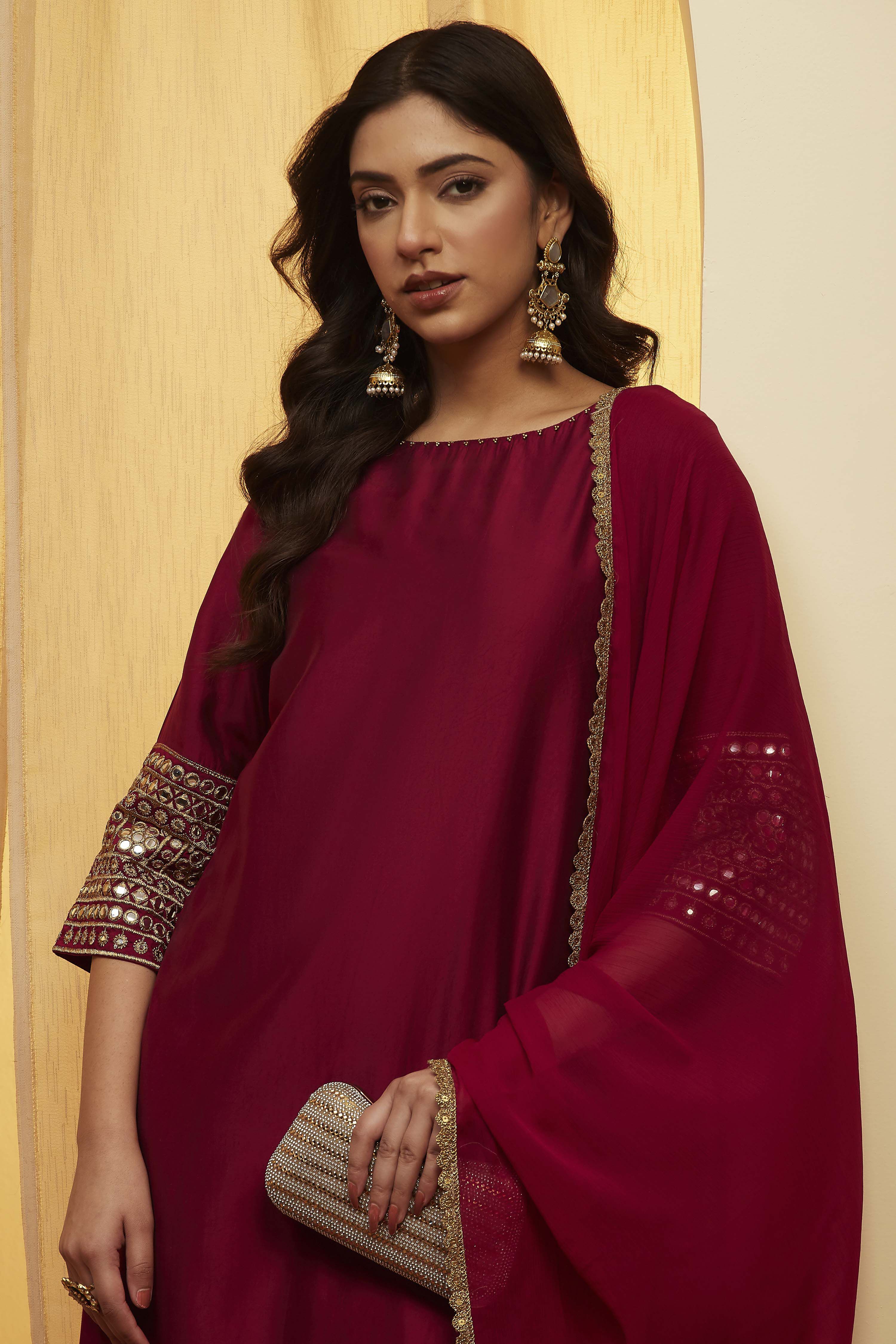 Wine Viscose Blend Straight Suit Set image number 1
