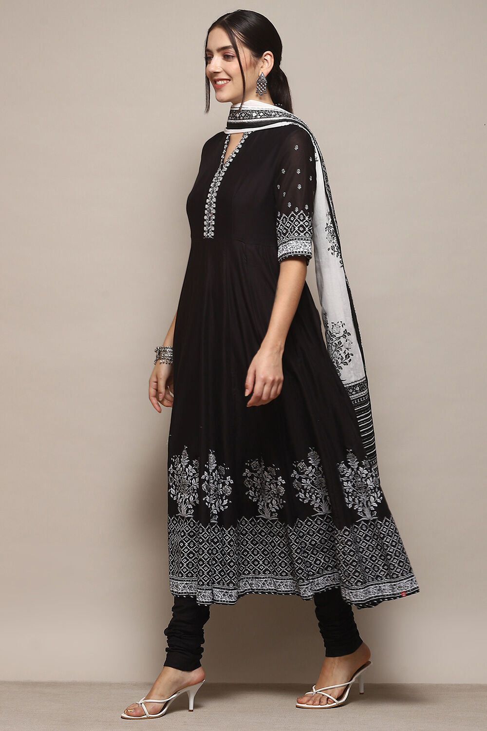 Black Cotton Anarkali Printed Kurta Churidar Suit Set image number 4