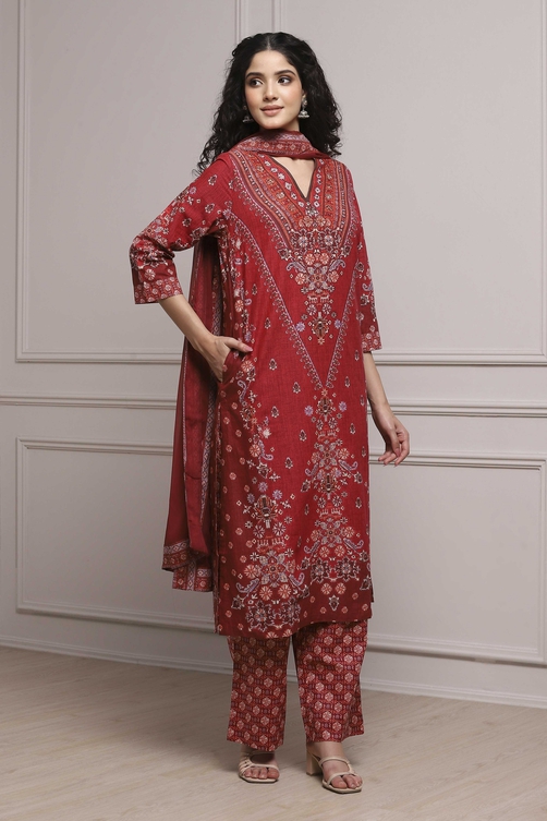 Blue Cotton Printed Straight Suit Set image number 5