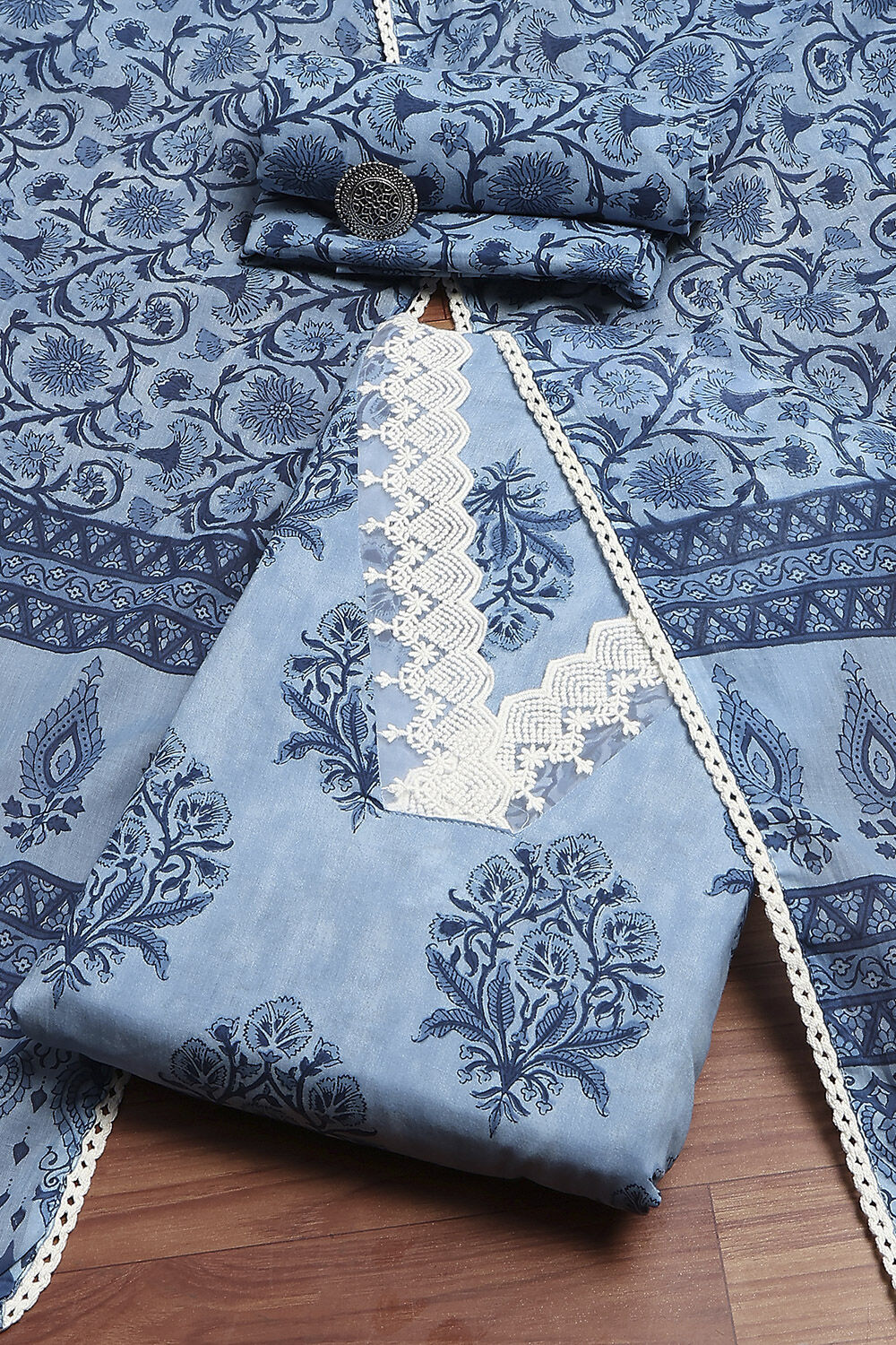 Indigo Cotton Screen Print Unstitched Suit Set image number 0