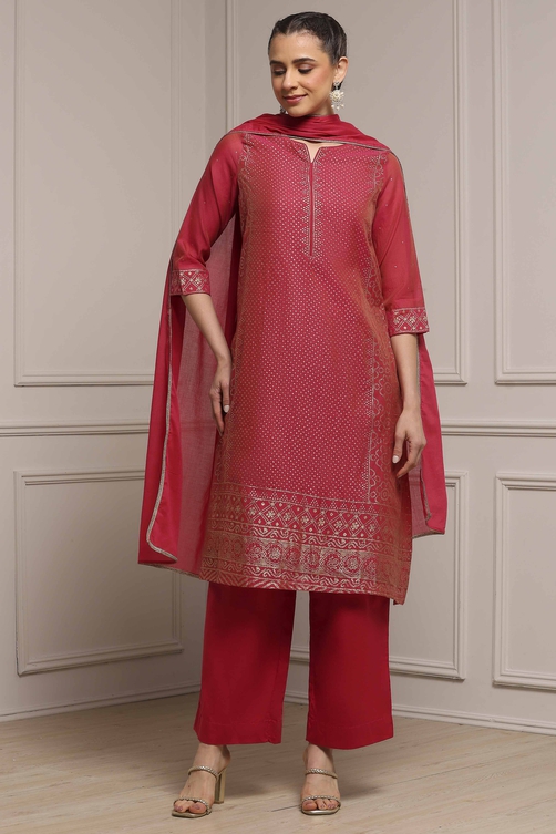 Pink Cotton Blend Printed Straight Suit Set image number 5