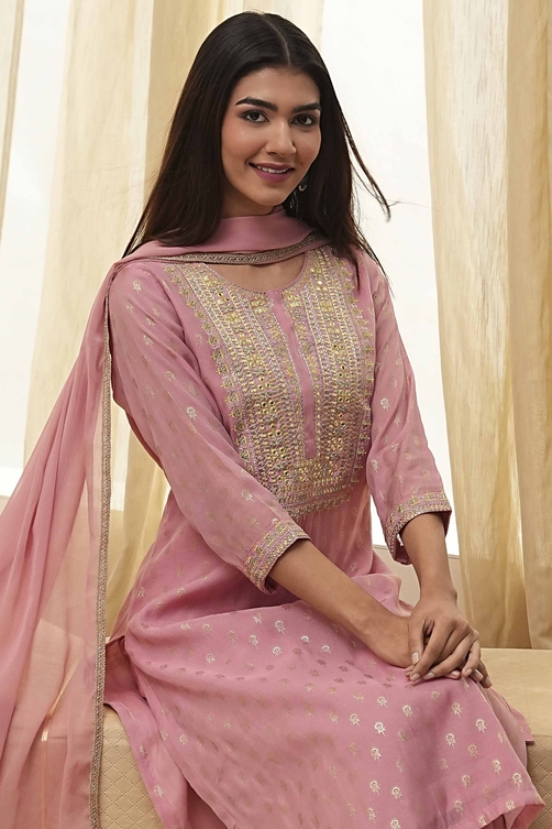 Dull Pink Embroidered Straight Suit Set image number 7