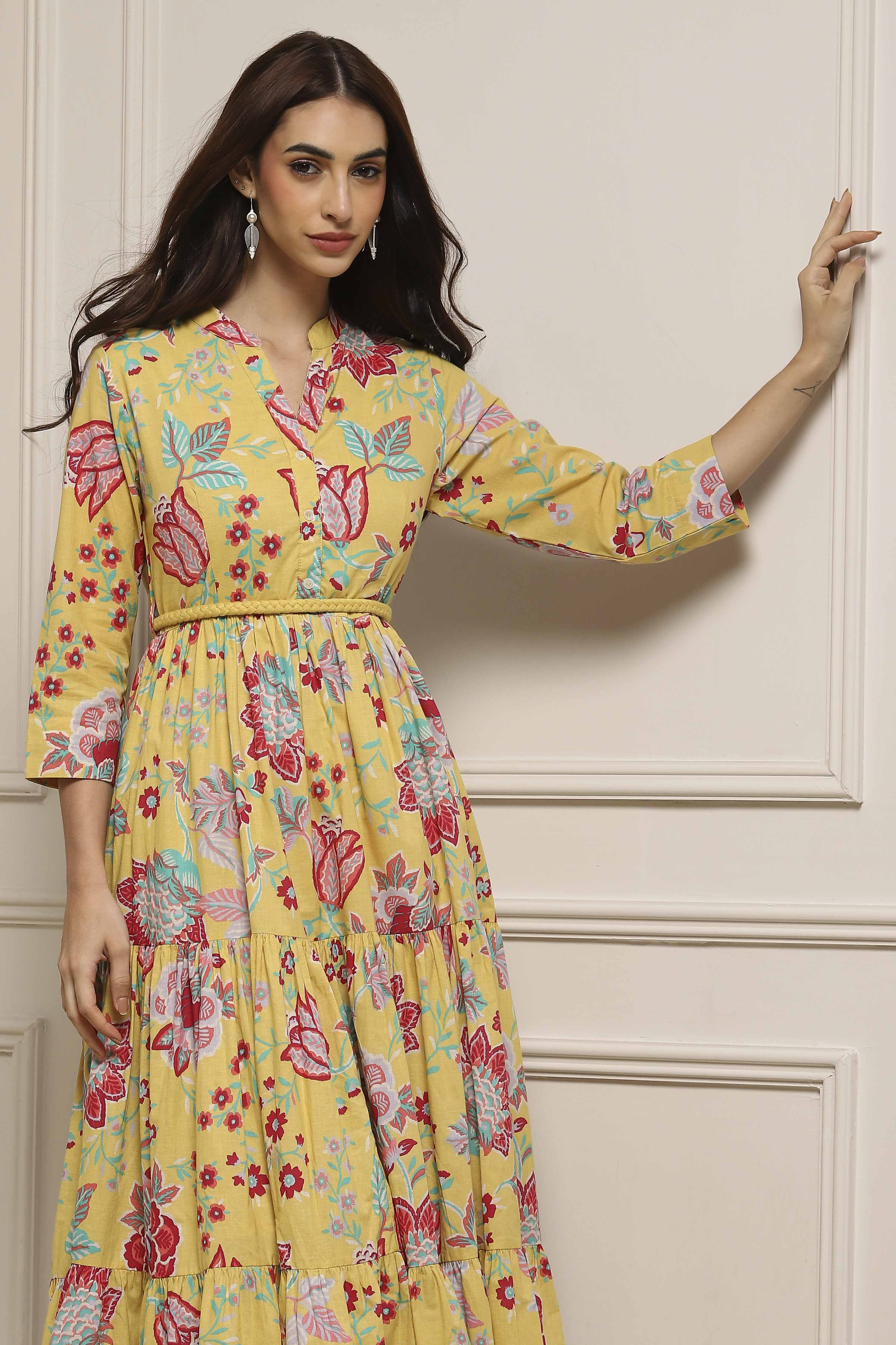 Earthy Blue Cotton Floral Tiered Dress image number 6