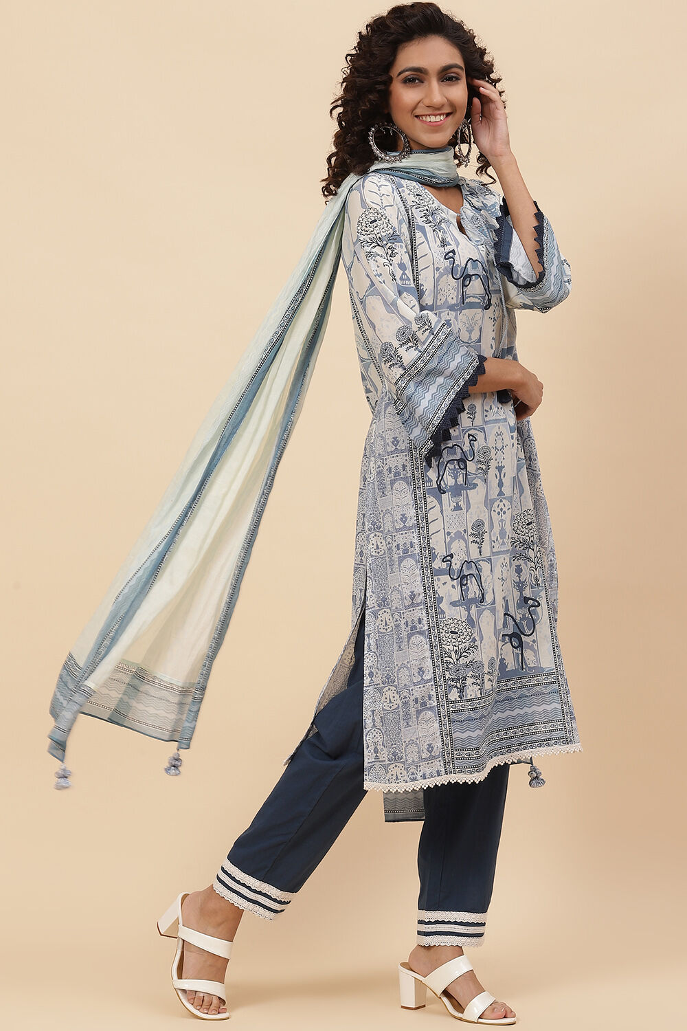 Indigo Cotton Straight Kurta Regular Pant Suit Set image number 6