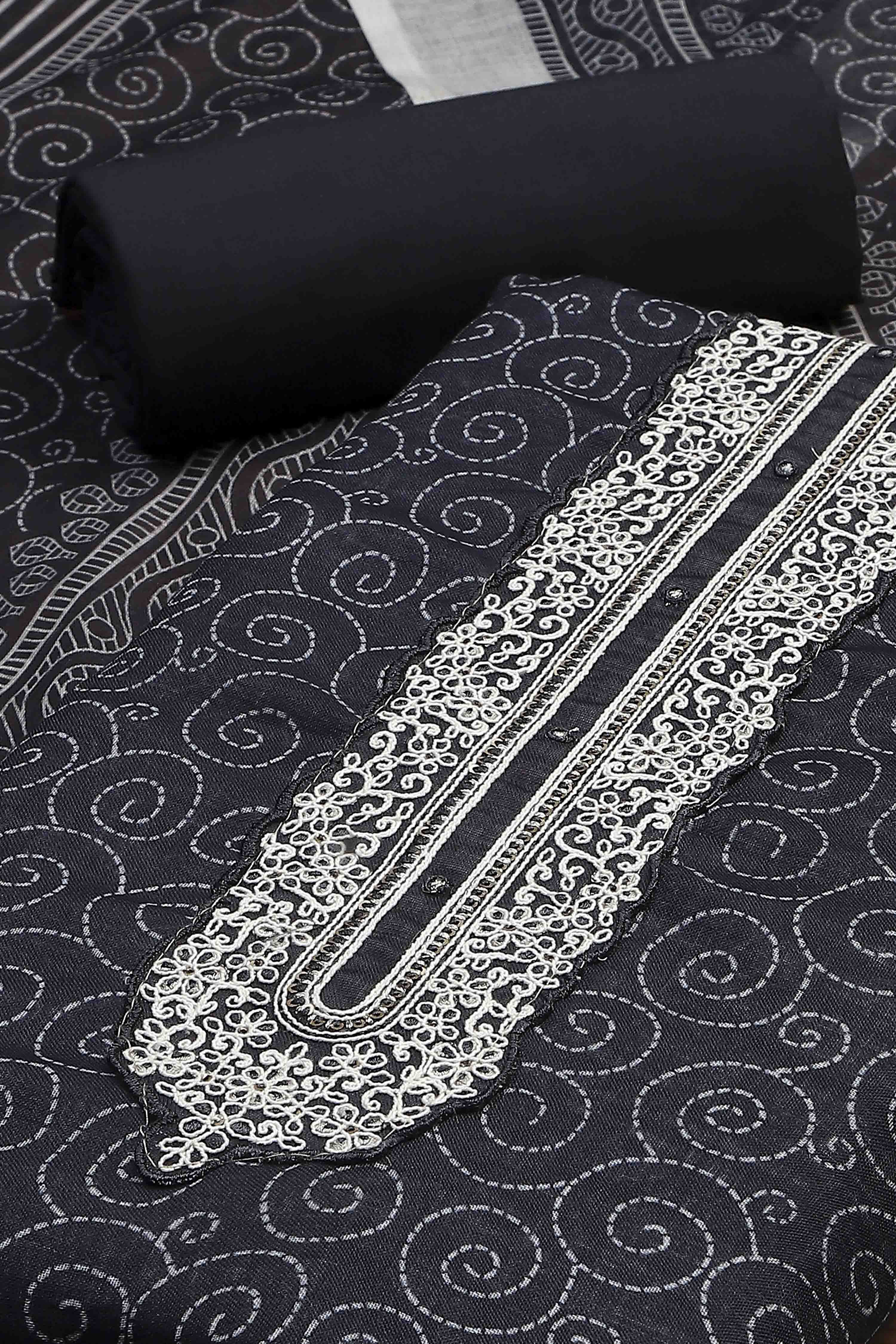 Green Black Linen Royal Swirl Jal Print Unstitched Suit Set image number 1