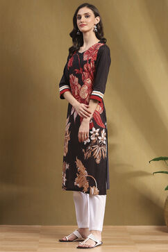 Chocolate Brown Cotton Floral Hand-Block Printed Straight Kurta image number 2