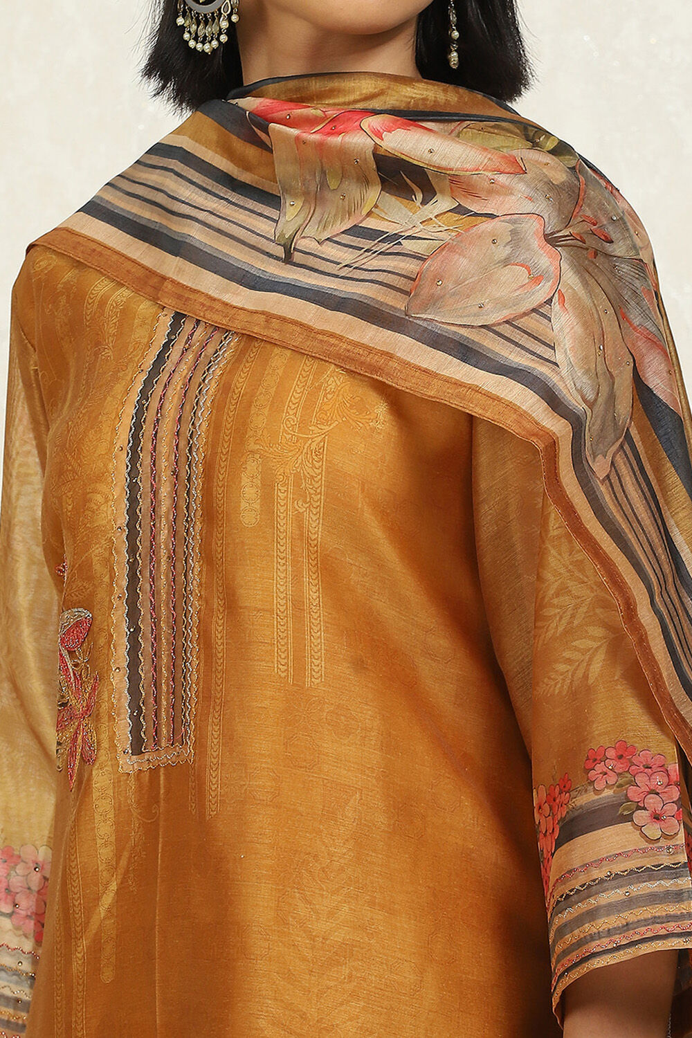 Blue Chanderi Floral Printed Unstitched Suit Set image number 2