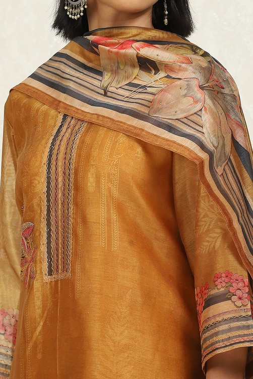 Blue Chanderi Floral Printed Unstitched Suit Set image number 2