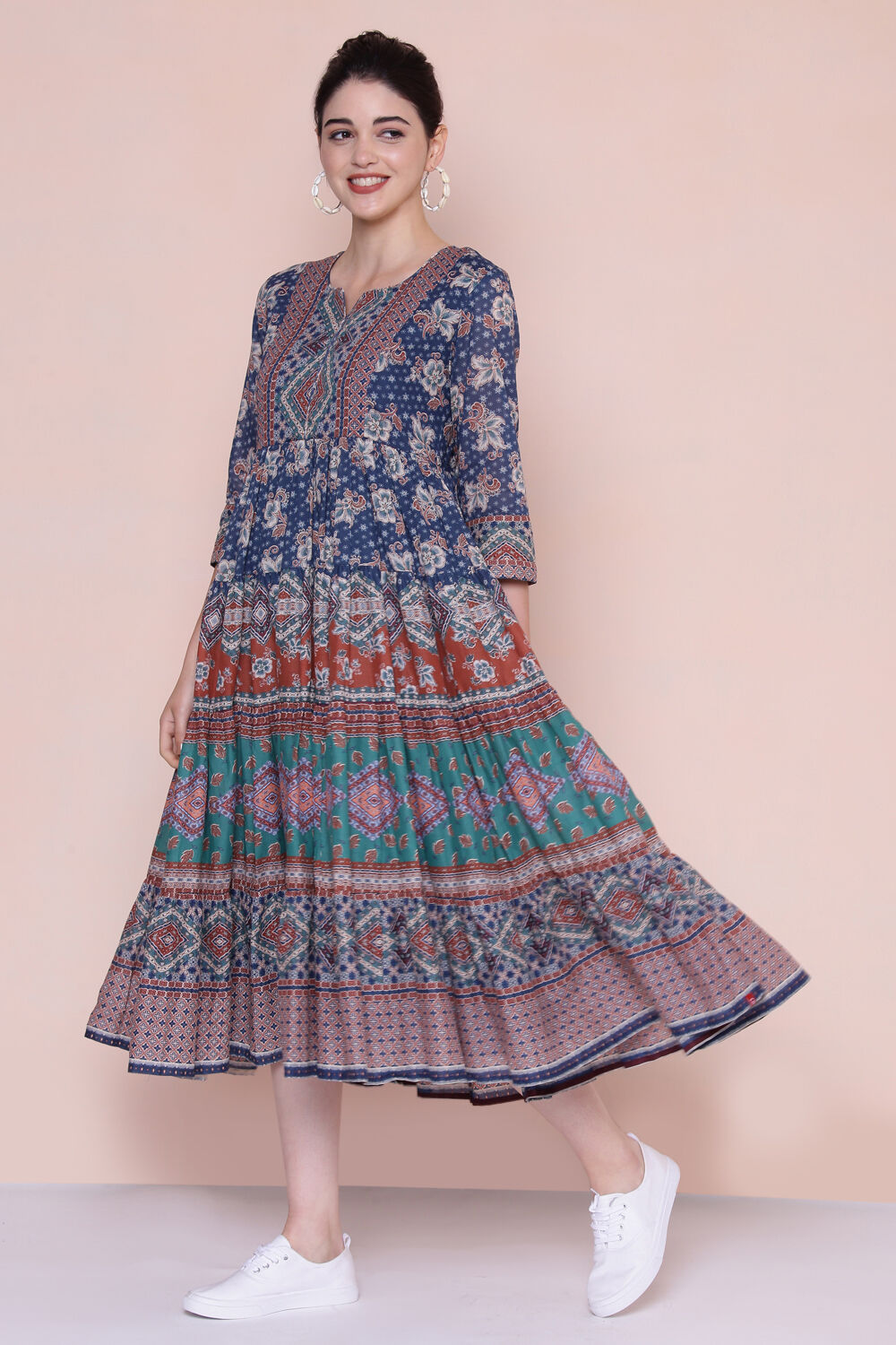 Navy Cotton Tiered Dress image number 5