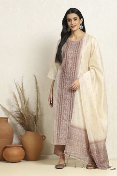 Brown and Off-White Chanderi Woven Unstitched Suit Set image number 1