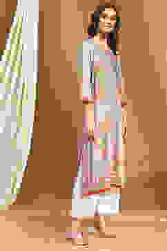 Purple Floral Printed Regular Fit Straight Kurta image number 4