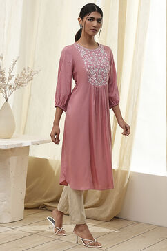 Dull Pink Solid Gathered Straight Kurta image number 4