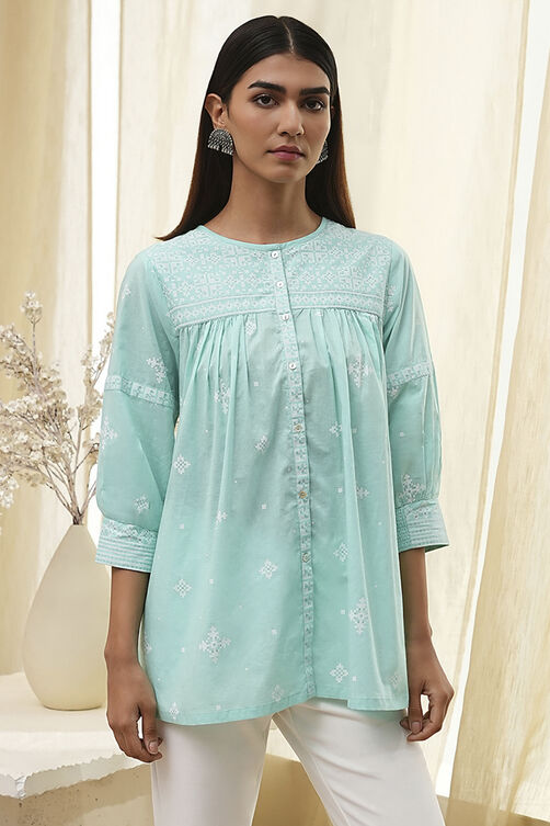 Aqua Cotton Straight Shirt-Style Short Kurta image number 1