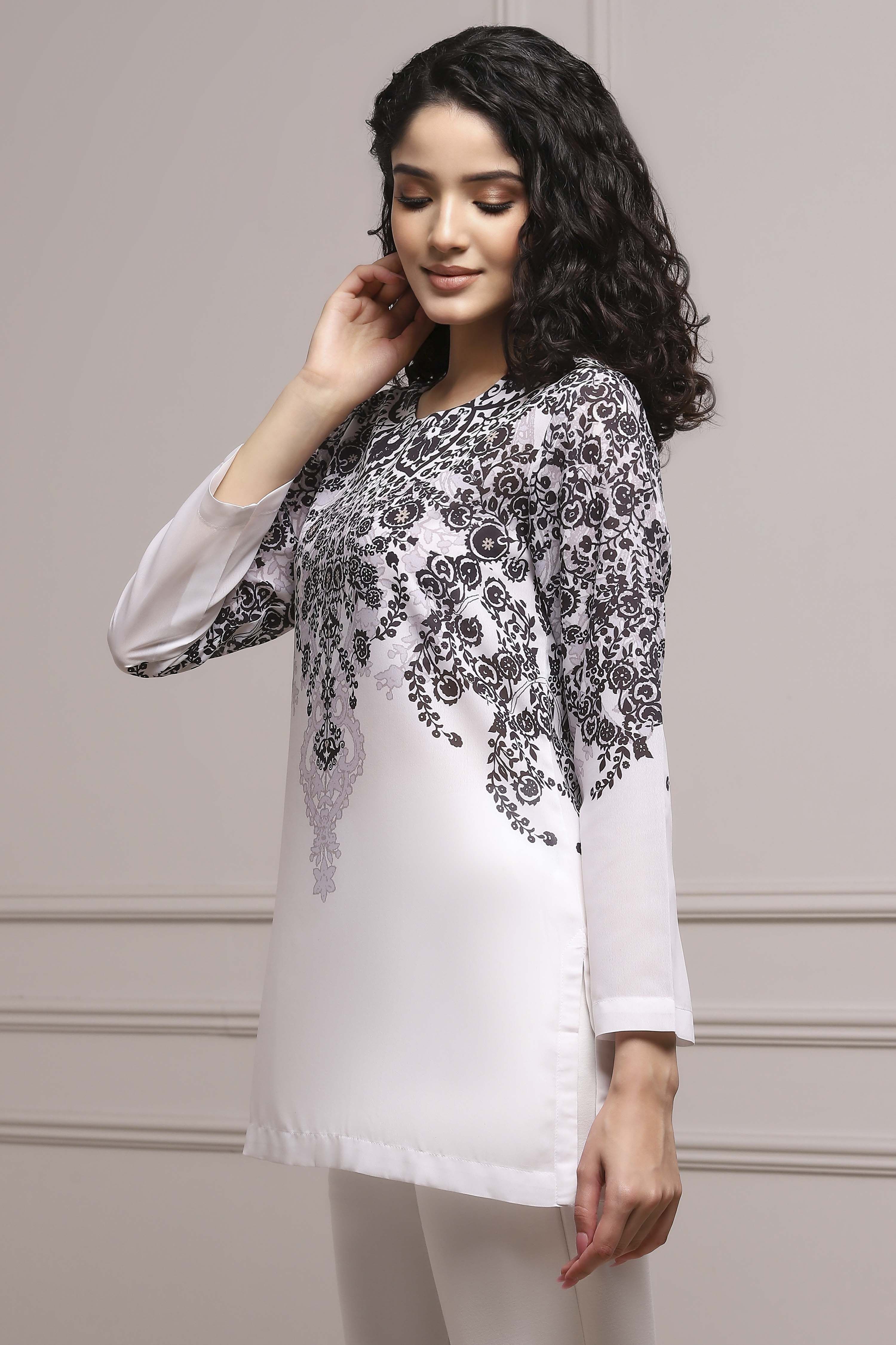 Black and White Art Silk Printed Straight Short Kurta image number 2