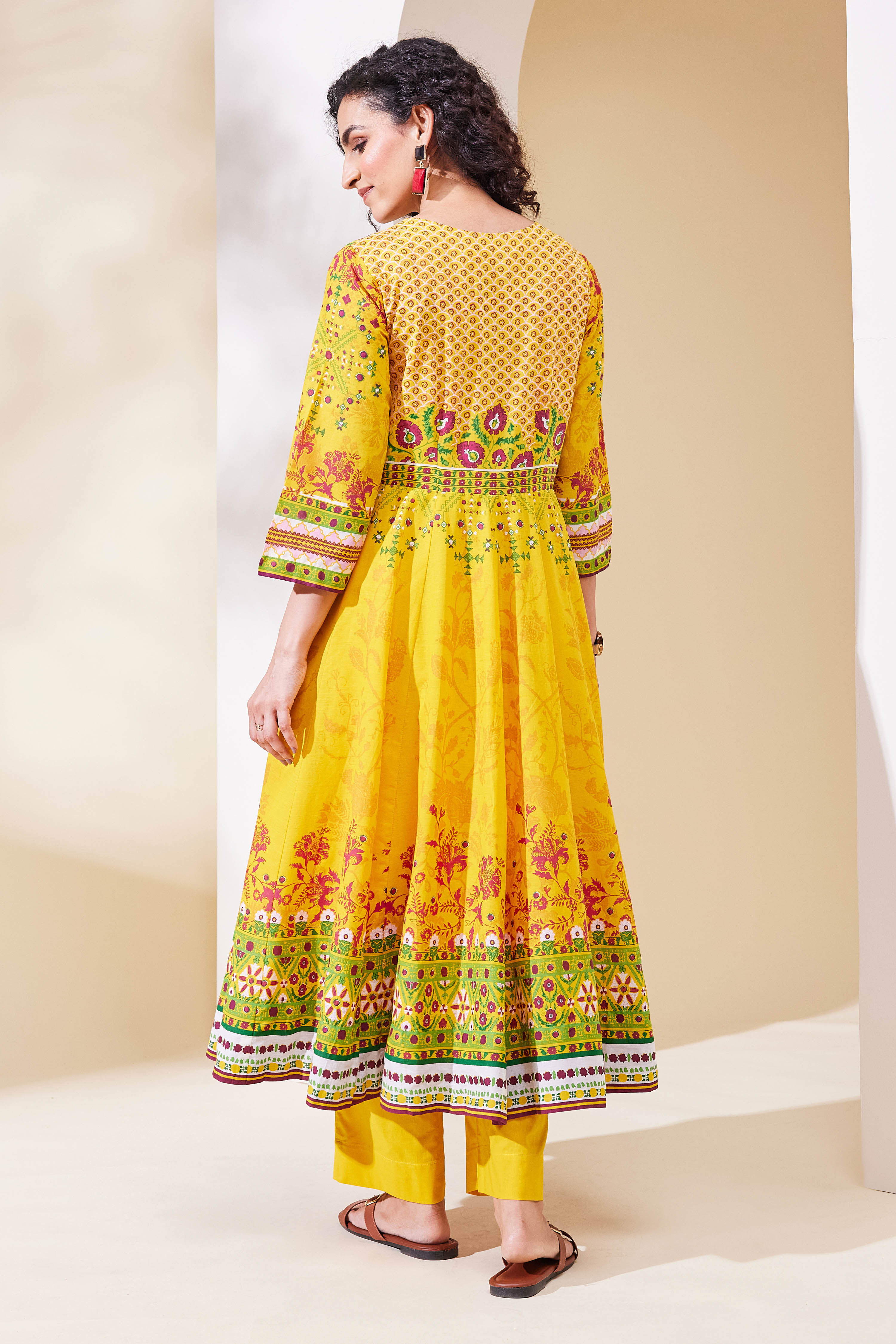 Yellow Cotton Anarkali Suit Set image number 4