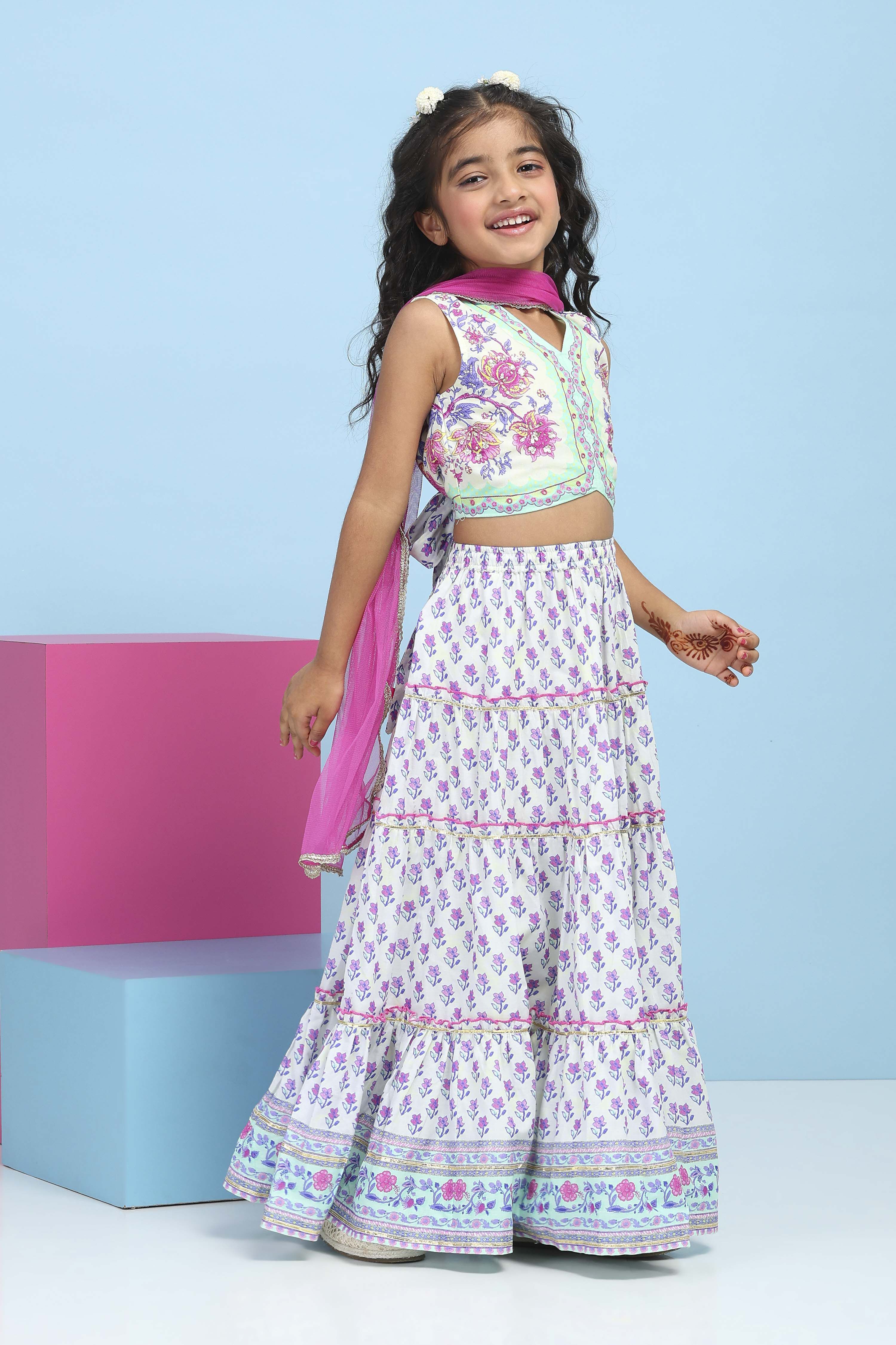 White Cotton Printed Regular Lehenga Set image number 5