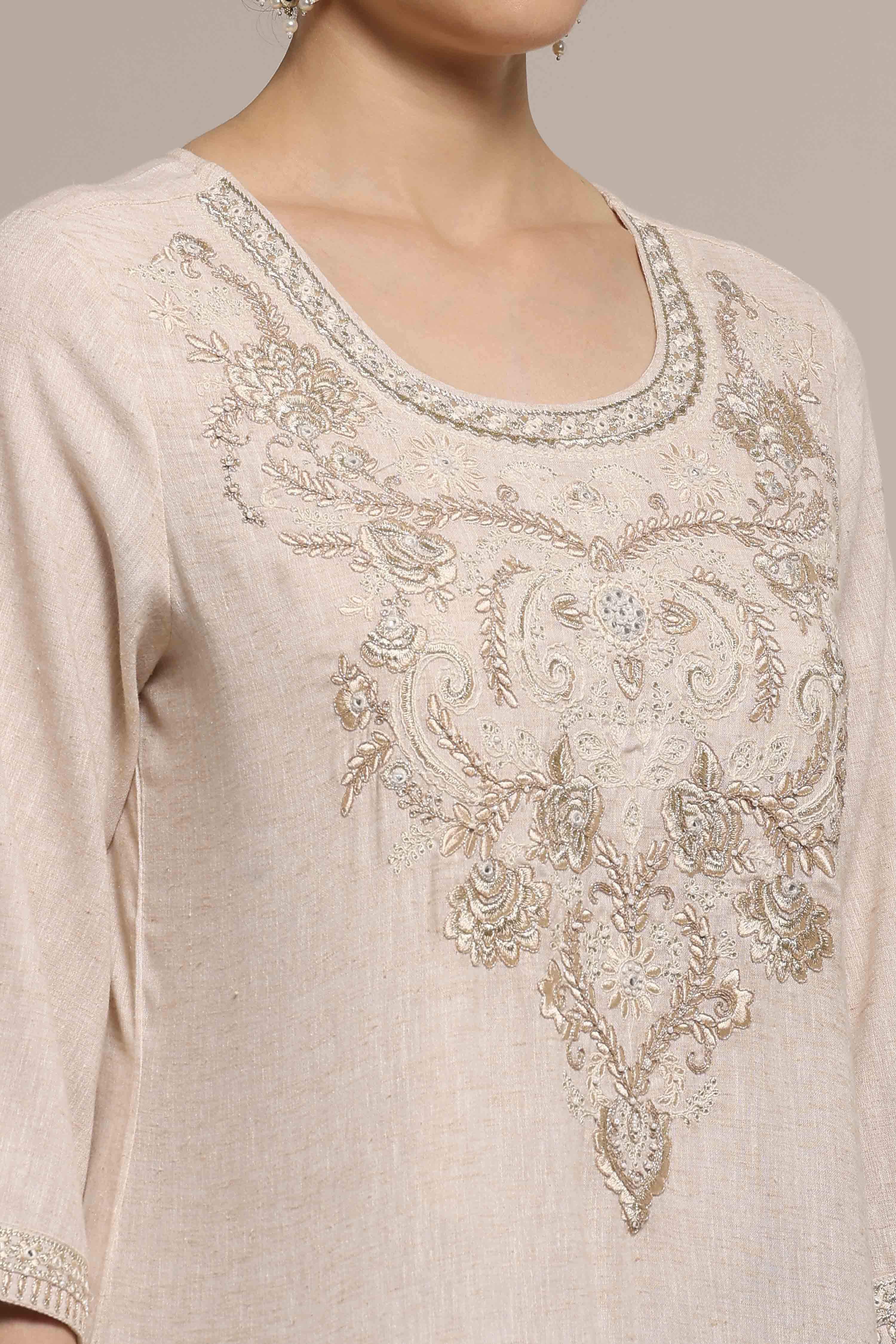 Beige Cotton Linen Yarn-Dyed Embroidered Straight Suit Set image number 1