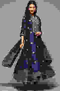 Navy Cotton Blend Layered Kurta Churidar Suit Set image number 0