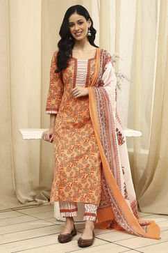 Peach-Colored Cotton Screen Print Unstitched Suit Set image number 1