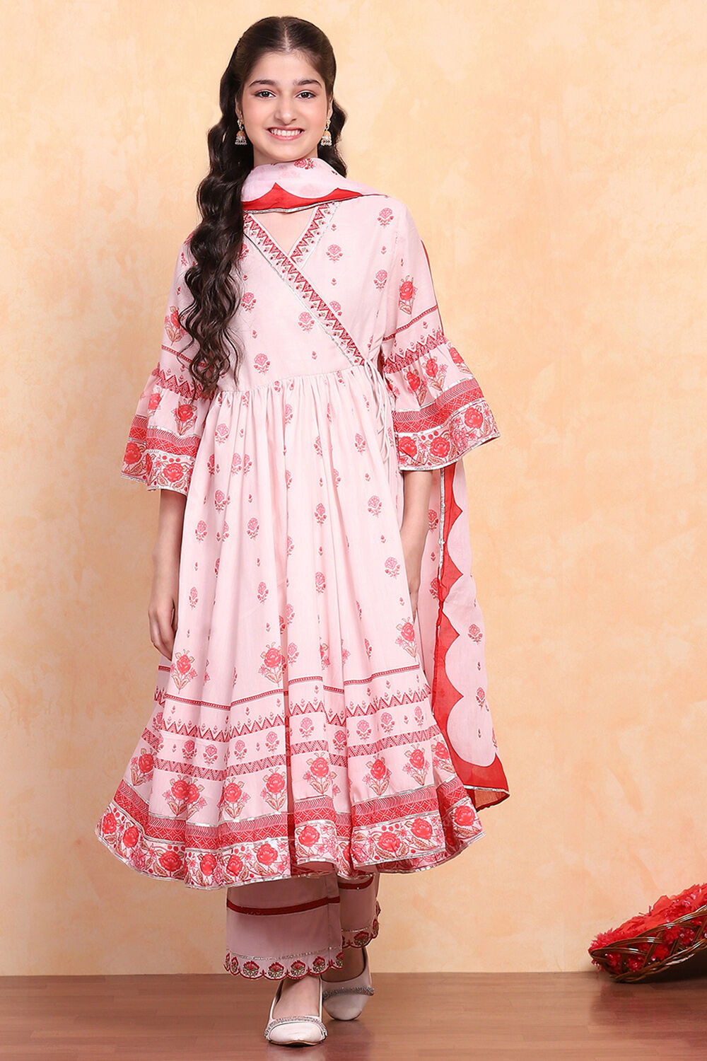Pastel Pink Printed Angrakha Gathered Suit Set image number 0