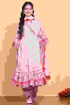 Pastel Pink Printed Angrakha Gathered Suit Set image number 0