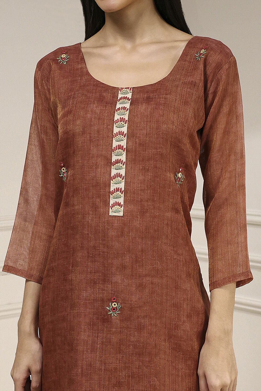 Rust Linen Blend Hand Embroidered Unstitched Suit Set image number 2
