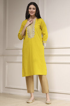 Lime Green Cotton Straight Solid Kurta image number 5