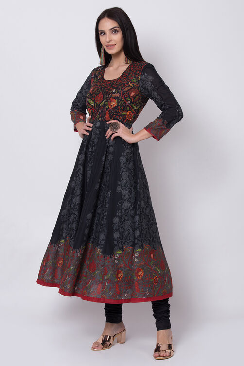 Black Cotton Anarkali Kurta Churidar Suit Set image number 3