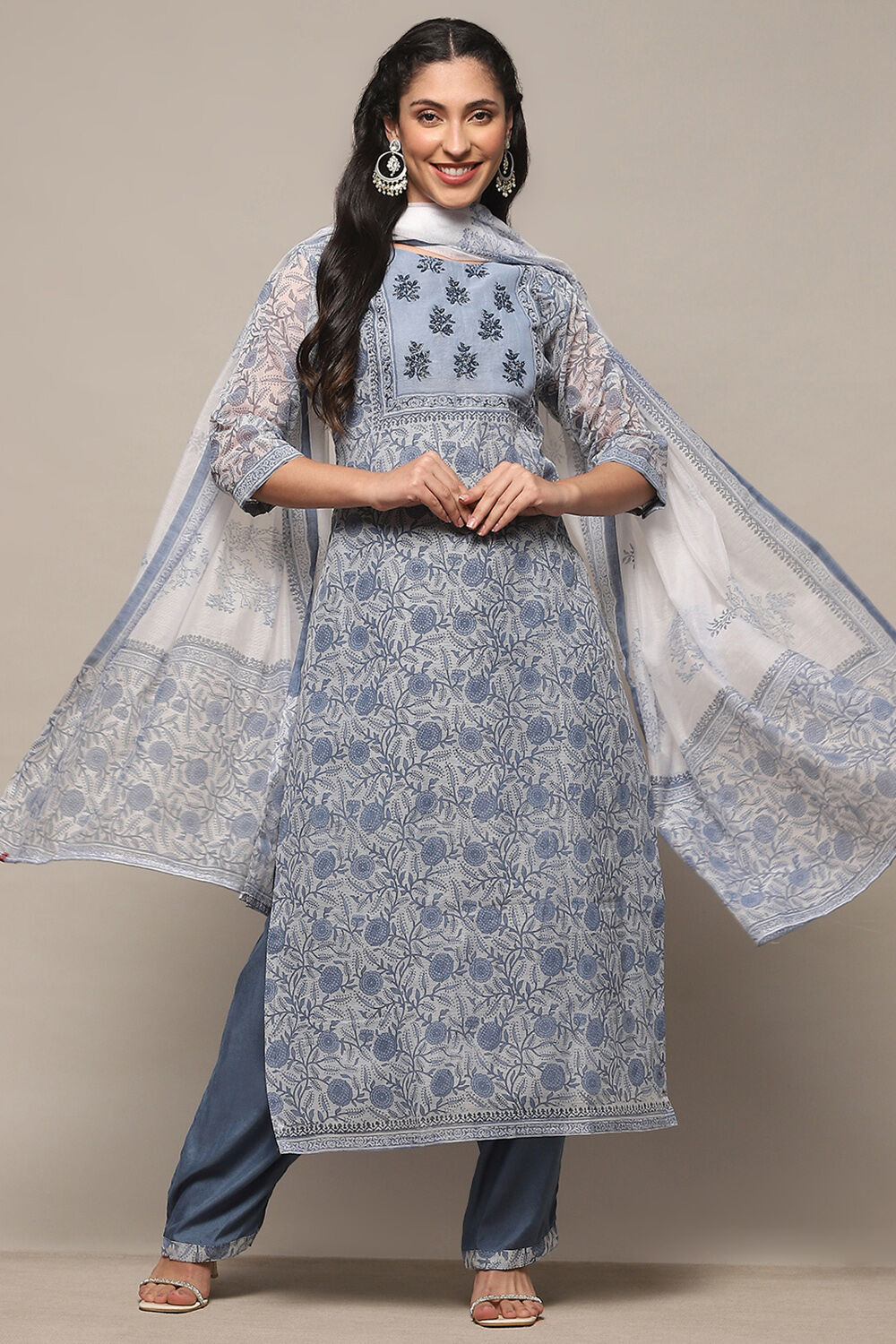 Blue Polyester Unstitched Suit set image number 1