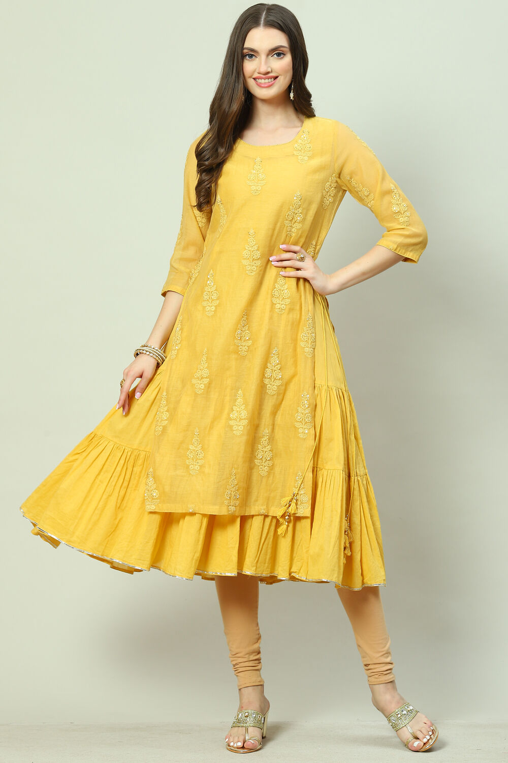 Yellow Art Silk Straight Embroidered Kurta image number 0