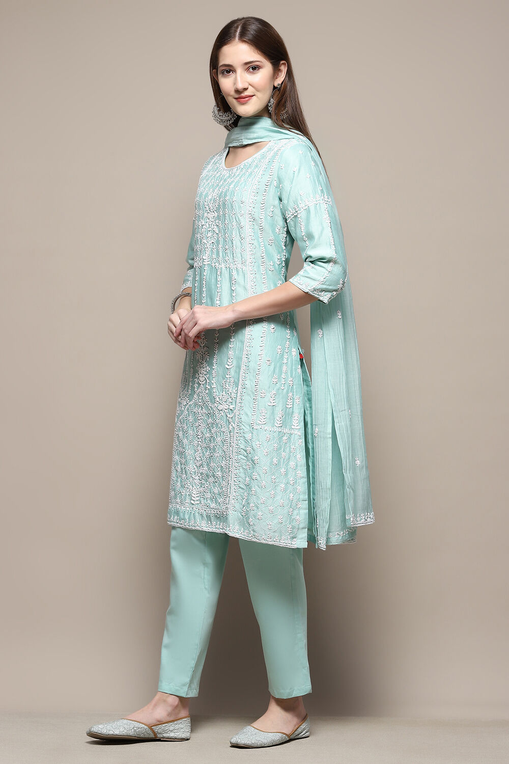 Aqua Cotton Blend Straight Kurta Pant Suit Set image number 4