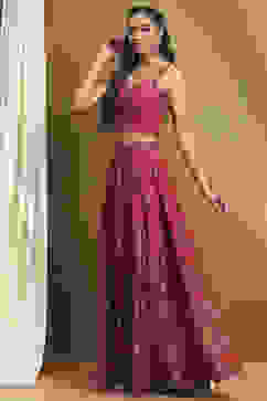 Red Satin Printed Lightweight Lehenga Set image number 3