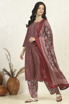 Maroon Cotton Floral Printed Unstitched Suit Set image number 1