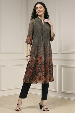 Charcoal-Rust Polyester Straight Printed Kurta image number 4