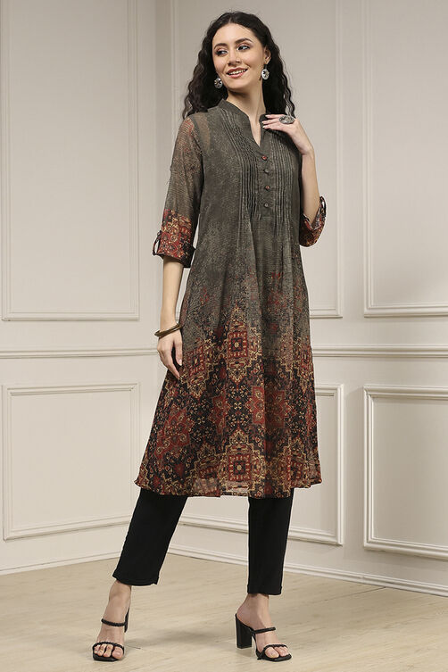 Charcoal-Rust Polyester Straight Printed Kurta image number 4