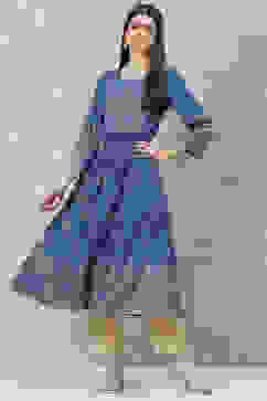 Blue Rayon A-Line Printed Kurta image number 5