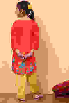 Red and Yellow Cotton Printed Straight Suit Set image number 5